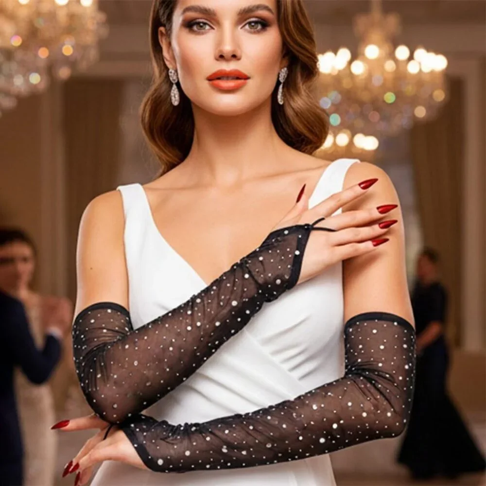 Women's Rhinestone Long Mesh Gloves Fingerless Elbow Length Arm Sleeves Prom
